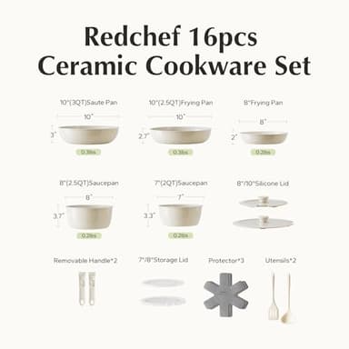 Redchef Ceramic Pots and Pans Set, Nonstick Kitchen Cookware Set with Detachable Handle, Non Toxic Cookware Set 16pcs, PFAS PFOA & PTFE Free, RV Ceramic Cookware for Camping, Dishwasher/Oven Safe - Image 9