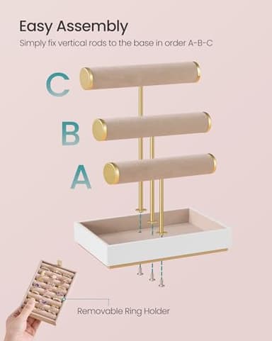SONGMICS Bracelet Holder Stand, Jewelry Display Stand, Jewelry Organizer, with 3 Tiers and Velvet Tray, Removable Ring Holder, Cloud White and Camel Brown UJJS027A01 - Image 6