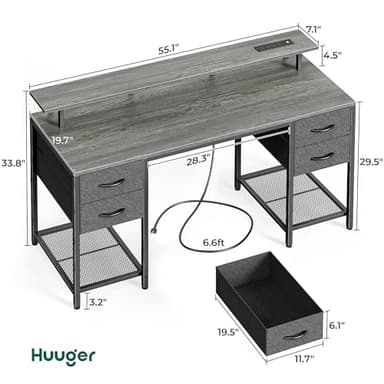 Huuger 55 inch Computer Desk with 4 Drawers, Gaming Desk with LED Lights & Power Outlets, Home Office Desk with Large Storage Space for Bedroom, Work from Home, Gray - Image 3