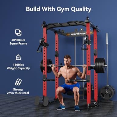 Sportsroyals Power Cage,1600lbs Multi-Function Power Rack with Adjustable Cable Crossover System and More Training Attachment, Weight Cage for Home Gym,Multi-Weight Combination Barbell Plates(RED) - Image 3