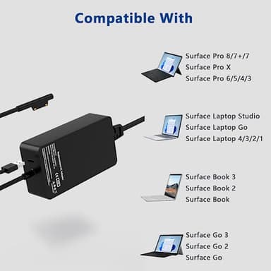65W Charger Compatible with Microsoft Surface Pro 11,10,9,8,7+,7,6,5,4,X,Power Adapter for Windows Surface Laptop 7,6,5,4,3,2,1,Book 3/2/1, Go Tablet,Support 44W,36W,8FT Cord - Image 6