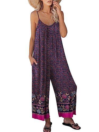 ANRABESS Women Jumpsuits 2025 Casual Sleeveless Spaghetti Strap Boho Wide Leg Rompers Dressy Summer Outfits Vacation Clothes Floral Purple Large - Image 1