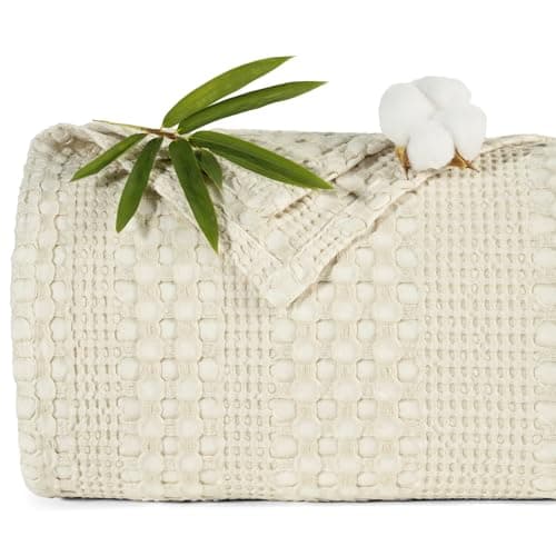 PHF Stone-Washed Cooling Waffle Twin Size Blanket - Lightweight Breathable Summer Blanket, 60% Rayon from Bamboo & 40% Cotton, Luxuriously Soft for Bed & Couch, 66"x90", Almond Milk - Image 1