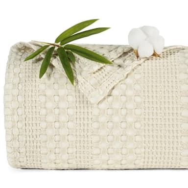 PHF Stone-Washed Cooling Waffle Twin Size Blanket - Lightweight Breathable Summer Blanket, 60% Rayon from Bamboo & 40% Cotton, Luxuriously Soft for Bed & Couch, 66"x90", Almond Milk - Image 1