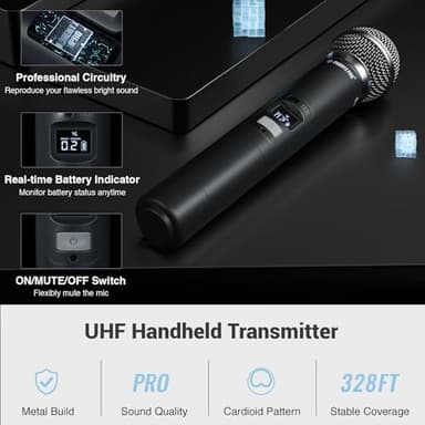 Phenyx Pro Wireless Microphone System, Dual Wireless Mics,w/ 2 Handhelds, Auto Scan,2x100 UHF Frequencies,328ft Range,Dynamic Microphone for Singing, Karaoke, Church(PTU-71-2H) - Image 4
