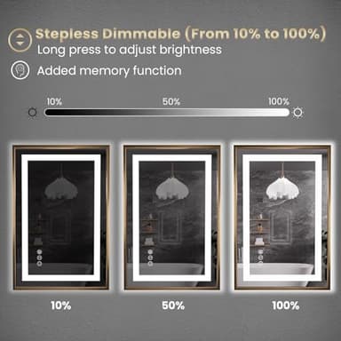 Amorho 60"x 36" Gold LED Bathroom Mirror, Metal Framed Mirror with Front Light and Backlit, Stepless Dimmable, Anti-Fog, Shatter-Proof, Memory, 3 Colors - Image 3