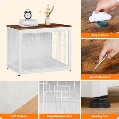 DWANTON Dog Crate Furniture with Cushion, Wooden Kennel Table with Double Doors, Indoor Dog House, Large Size, 38.5" L, White+Rustic Brown - Image 5