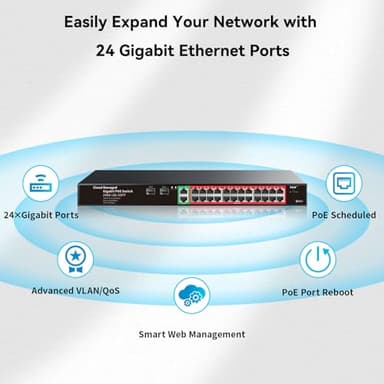STEAMEMO 24-Port Managed Gigabit PoE+ Switch | 24×PoE+ Ports@360W, 2×Gigabit Uplinks, 2×SFP | VLAN, QoS, Port Mirroring | Metal Casing, Plug & Play | Overload Protection w/ Port - Image 8