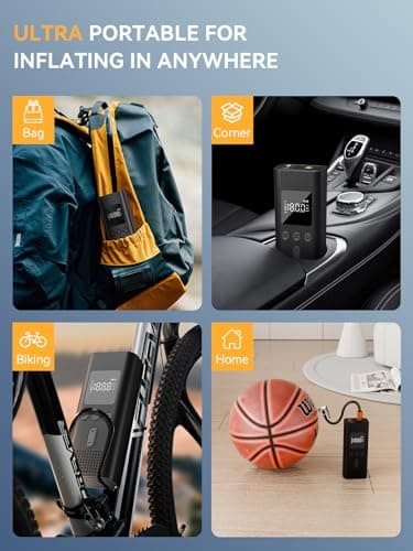 AIRSURE Tire Inflator Portable Air Compressor, 150 PSI Fast Inflation Cordless Air Pump with LED Light, Auto Shut-Off, Rechargeable Battery for Car, Motorcycle, Bike, and Sports Balls - Image 3