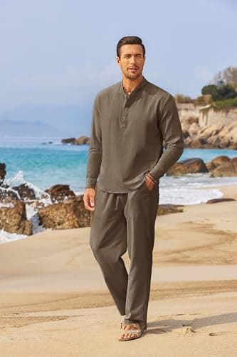 COOFANDY Men's 2 Pieces Cotton Linen Set Long Sleeve Henley Shirts Casual Beach Pants With Pockets Summer Yoga Outfits - Image 7