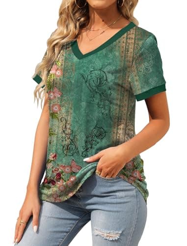 Womens Summer Tops 2025 Trendy Dressy Blouses Short Sleeve Shirts Spring Tops Color Block Tshirts Floral L - Image 3