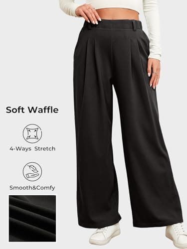 EVALESS Women's Wide Leg Pants with Pockets High Waisted Office Business Casual Dressy Plain Comfy Waffle Knit Lounge Pants for Ladies Black Large - Image 4