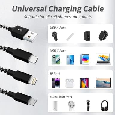 IDISON Multi Charging Cable(2Pack 4FT), 3 in 1 USB Charging Cable for Multiple Devices, Braided Universal Phone Charger Cord with Type-C, Micro USB, IP Port for iPhone17/16/14/Android Phones and More - Image 5