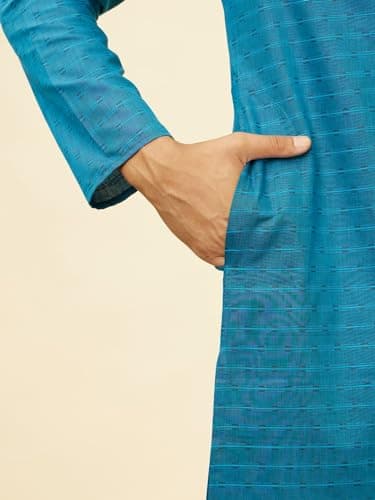 Manyavar Men Blended Cotton Self Design Kurta Pyjama Set XL Blue - Image 5