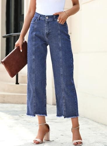 Sidefeel Women's High Waisted Capri Jeans Wide Leg Woman Straight Leg Summer Ankle Denim Pants Blue Size 8 - Image 3