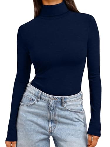 Trendy Queen Women's Turtleneck Long Sleeve Shirts Fall Fashion BasicThermal Underwear Tops Winter Clothes 2025 Navy S - Image 1