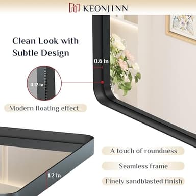 Keonjinn Black Bathroom Mirror for Over Sink, 48 x 24 Inch Large Rounded Rectangle Bathroom Vanity Mirror, Matte Black Farmhouse Wall Mirror, Tempered Glass, Seamless Aluminum Alloy Frame Full Mirror - Image 3