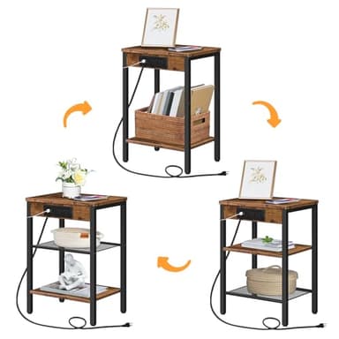 HOOBRO Side Table with Charging Station and USB Port, Small End Table for Small Space, 3-Tier Nightstand with Adjustable Shelf, for Living Room, Bedroom and Balcony, Rustic Brown BF112BZ01 - Image 9