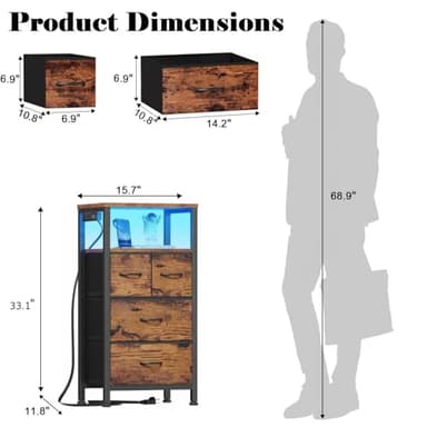 Furnulem Dresser for Bedroom, Tall Nightstand, Bedside Table with Charging Station, LED Light, Fabric Bins, Night Stand with Wood Shelf, Small Furniture for Entryway, 33 Inch (4 Drawer, Rustic Brown) - Image 3
