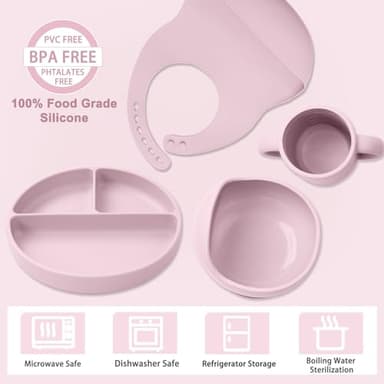 LITTLE RAWR Silicone Baby Feeding Set 14 Pcs,Baby Led Weaning Supplies, Baby Spoons Suction Bowl Divided Plate Bib Cup Finger Brush,First Stage Solid Food Eating Utensils - 6+ Months(Light Pink) - Image 3