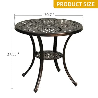 DWVO 30 Inches Round Patio Dining Table with Umbrella Hole, Antique Cast Aluminum Outdoor Bistro Table Outdoor Side Table for Backyard, Garden, Patio, Porch, Hammered Bronze - Image 3