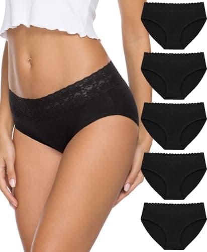 AYMEFF Women’s Cotton Underwear 5-Pack - Breathable Lace Bikini Panties, Full Coverage Ladies Underwear Soft Combed Cotton, Sizes S-XXL(6002S-Black5) - Image 1