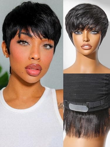 LUVME HAIR Ultra Comfort Throw On & Go Short Pixie Cut with Bangs Skin Friendly Cotton Cap 100% Real Human Hair Glueless Wig Glueless Wig Hair Loss Friendly Full Machine Made - Image 1