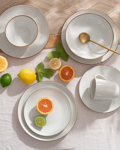 Famiware Jupiter Dinnerware Set, Plates and Bowls Dish Sets for 4 (12 Pieces), Microwave and Dishwasher Safe Stoneware Speckled Tableware, Chip and Scratch Resistant, White - Image 5