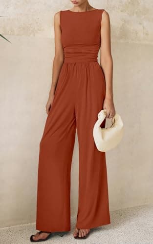 PRETTYGARDEN One Piece Jumpsuits for Women Dressy Casual Sleeveless Crewneck Wide Leg Rompers Jumpers 2025 Vacation Summer Outfits(Brick Red, M) - Image 2