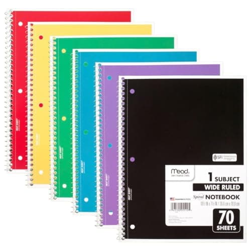Mead Spiral Notebook, 6 Pack, 1 Subject, Wide Ruled Paper, 7-1/2" x 10-1/2", 70 Sheets per Notebook, Colors Will Vary (930201-ECM25) - Image 1