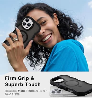 Amzfield Magnetic for iPhone 16 Pro Case, Compatible with Magsafe Wavy Frame Cute Design Translucent Matte Hard Back Silicone Bumper Shockproof Phone Case for iPhone 16 Pro Women Girls, Black - Image 7