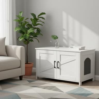 Homhedy Cat Litter Box Enclosure, Wooden Cat Washroom Furniture with Barn Door, Pet House, Fit Most of Litter Box, White - Image 3