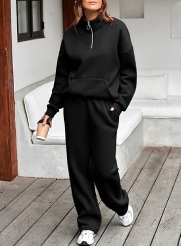 Aleumdr Two Piece Sets for Women Sweatsuit Tracksuits Zip Up Sweatshirt Fleeced Wide Leg Sweatpants 2025 Fall Athleisure Sweat Matching Sets Women Clothing Cotton Lounge Sets Black X-Large - Image 2