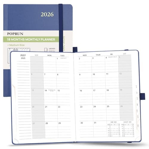 POPRUN 2025-2026 Monthly Planner (A5 8.5" X 6.25"), 18-Month Calendar Book (Jul.25 - Dec.26) with Monthly Tabs, Hardcover, Inner Pocket, 100GSM Thick Paper -Navy Blue - Image 1