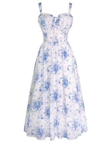 Easter Dresses for Women Floral Corset Dress Summer Milkmaid Dress Boho Beach Dresses Blue 2XL - Image 1
