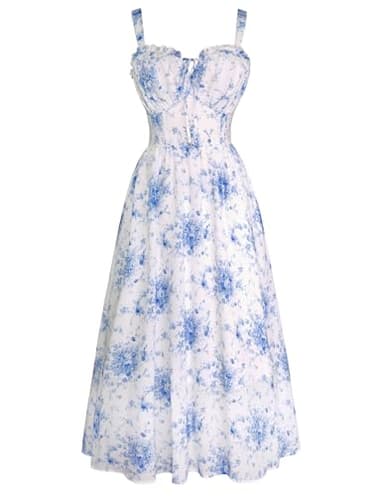 Easter Dresses for Women Floral Corset Dress Summer Milkmaid Dress Boho Beach Dresses Blue 2XL - Image 1