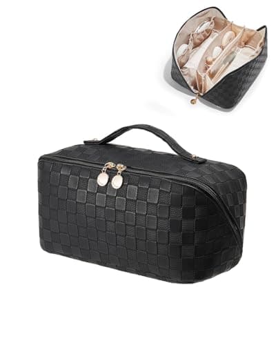 EACHY Travel Makeup Bag, Large Capacity Cosmetic Bags for Women, Waterproof Portable Open Flat Toiletry Bag Make up Bag with Divider and Handle, Gifts for Women (LD-Black, Large) - Image 1