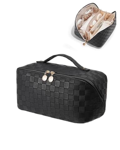 EACHY Travel Makeup Bag, Large Capacity Cosmetic Bags for Women, Waterproof Portable Open Flat Toiletry Bag Make up Bag with Divider and Handle, Gifts for Women (LD-Black, Large) - Image 1