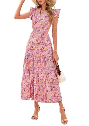 PRETTYGARDEN Women's 2025 Summer Floral Midi Dress Cap Sleeve V Neck Ruffle Long Flowy Boho Casual Beach Vacation Dresses (Floral Wine Red,Small) - Image 1