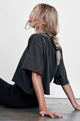 Women's Oversize Crop Tops Casual Short Roll Sleeve Drop Shoulder T-Shirts Solid Color Basic Yoga Athletic Running Tees Black L - Image 3