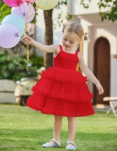 Arshiner Toddler Girls Tulle Dress Red Tutu Dresses for Girl Birthday Party Princess Outfit Layered Ruffle Fluffy Sleeveless Ball Gown Summer Clothes 4-5T - Image 5