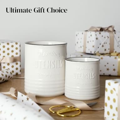 DOWAN 7.2″ Extra Large Kitchen Utensil Holder, Farmhouse Utensil Holder for Countertop, Ceramic Utensil Crock with Protection Cork Mat, Utensil Organizer for Kitchen Decor & Housewarming Gift, White - Image 8