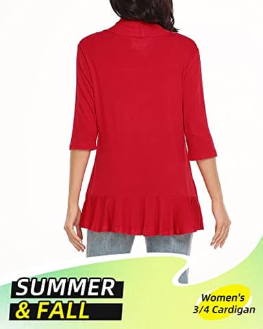 Argstar Red Cardigan for Women, Lightweight Open Front Casual Soft Draped Ruffles 3/4 Sleeve X-Large - Image 3