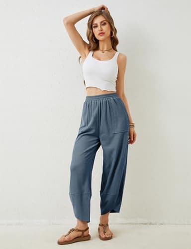 Xiaoxuemeng Womens Baggy Wide Leg Pants Casual Elastic Waisted Palazzo Harem Pants with Pockets(Dustyblue-S) - Image 7