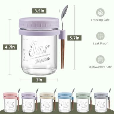 LANDNEOO 6 Pack Overnight Oats Containers with Lids and Spoons, 16 oz Glass Mason Overnight Oats Jars, Large Capacity Airtight Jars for Milk, Cereal, Fruit - Image 2