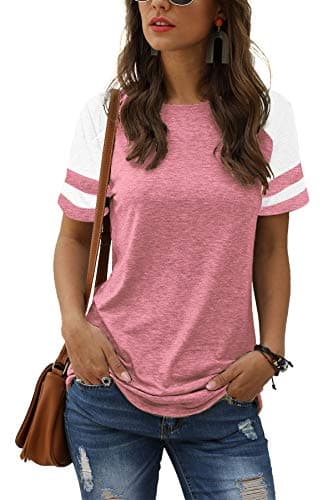 Adibosy Women Summer Casual Shirts: Short Sleeve Striped Tunic Tops - Ladies Loose Crew Neck Tee Tshirt Blouses Pink XL - Image 1