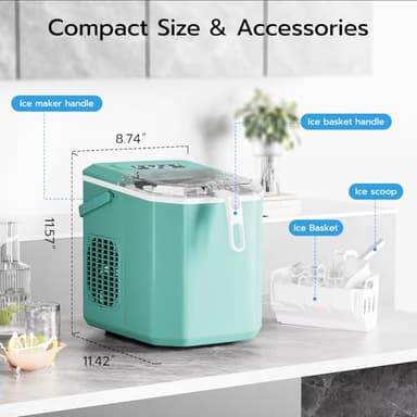 ZAFRO Countertop Ice Maker, 26.5Lbs/24H, 9 Bullet Cubes in 6 Mins, Self-Cleaning Portable Ice Machine with 2 Ice Sizes (S/L), Quiet Compact Design, Double Handles, for Home, Party, RV, Camping, Green - Image 7