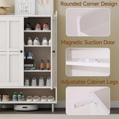 Shoe Storage Cabinet with Cross Molding Doors, 6-Tier Farmhouse Shoe Cabinet with 3 Adjustable Shelves and Metal Legs, 45'' Tall Shoes Rack Organizer Cabinet for Entryway, Front Door, White - Image 7