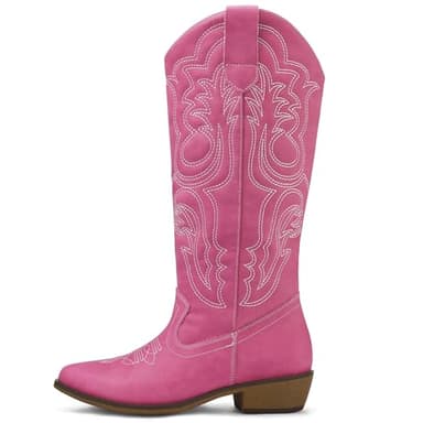 mysoft Women's Cowboy Boots Mid Calf Cowgirl Embroidered Western Pointed Toe Chunky Heel Pull On Knee High Boots - Image 4