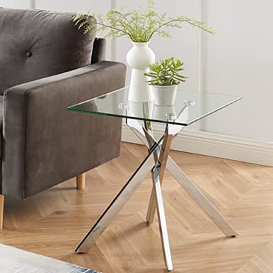 Modern Style Square Side Table with Tempered Glass Top and Metal Tubular Legs, Silver 20”Dx20”Wx22”H - Image 1